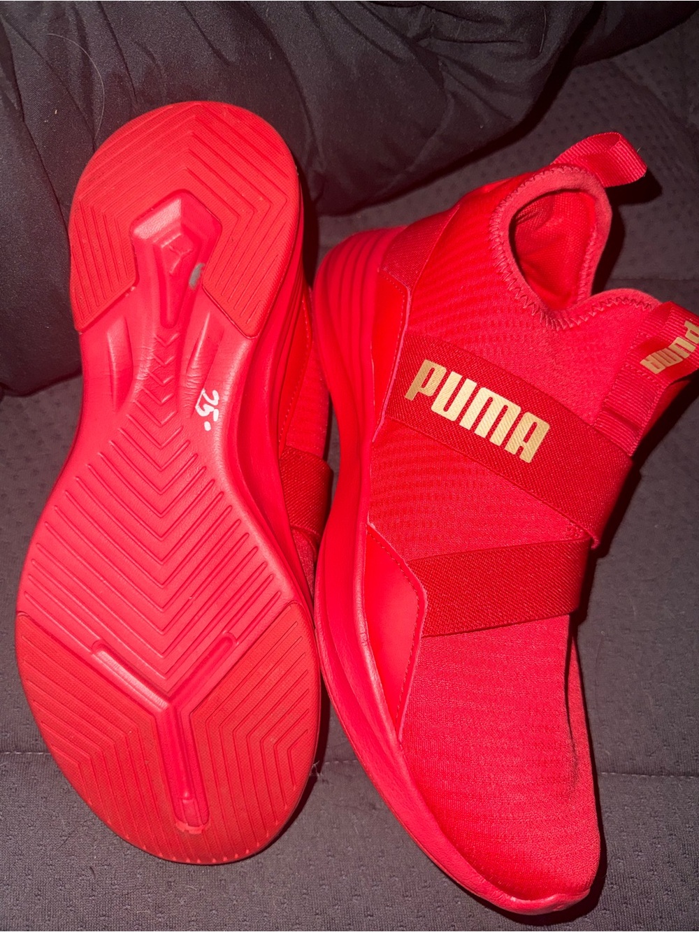 Puma Red Slip-On Athletic Sneakers with Gold Logo